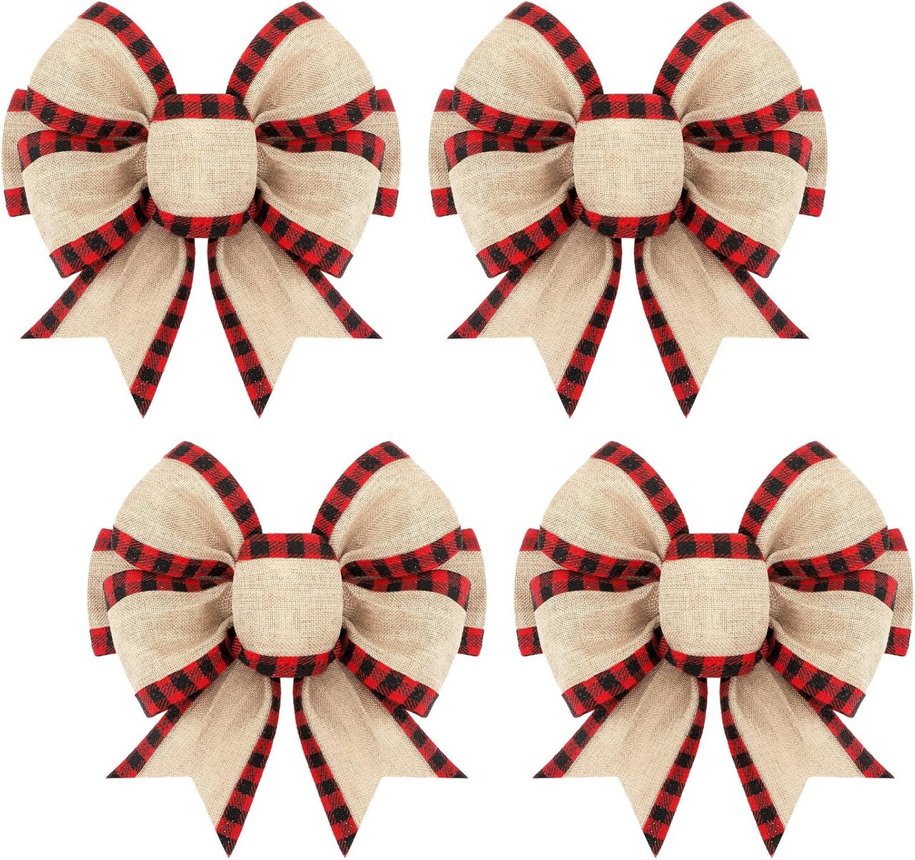 4 Pieces Christmas Burlap Plaid Bow Christmas Buffalo Plaid Bow Gingham Craft Bows Tree Decorative Bows Wreath Bow Decor for Crafts Xmas Party Birthday Decor (Red and Black)